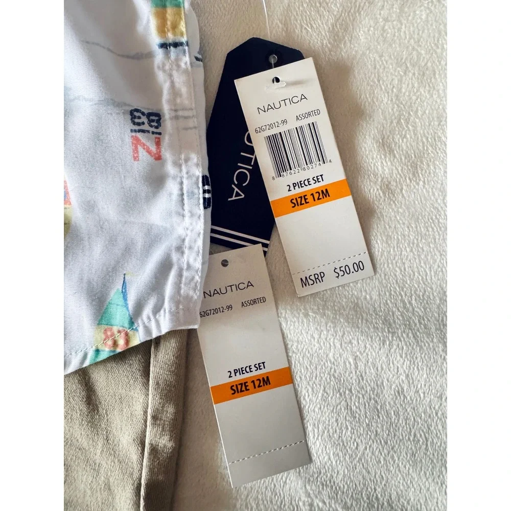 Nautica Baby Boy 12M 2 Piece Set Sailboat Shirt Chino Shorts Bow Tie 62G72012-99